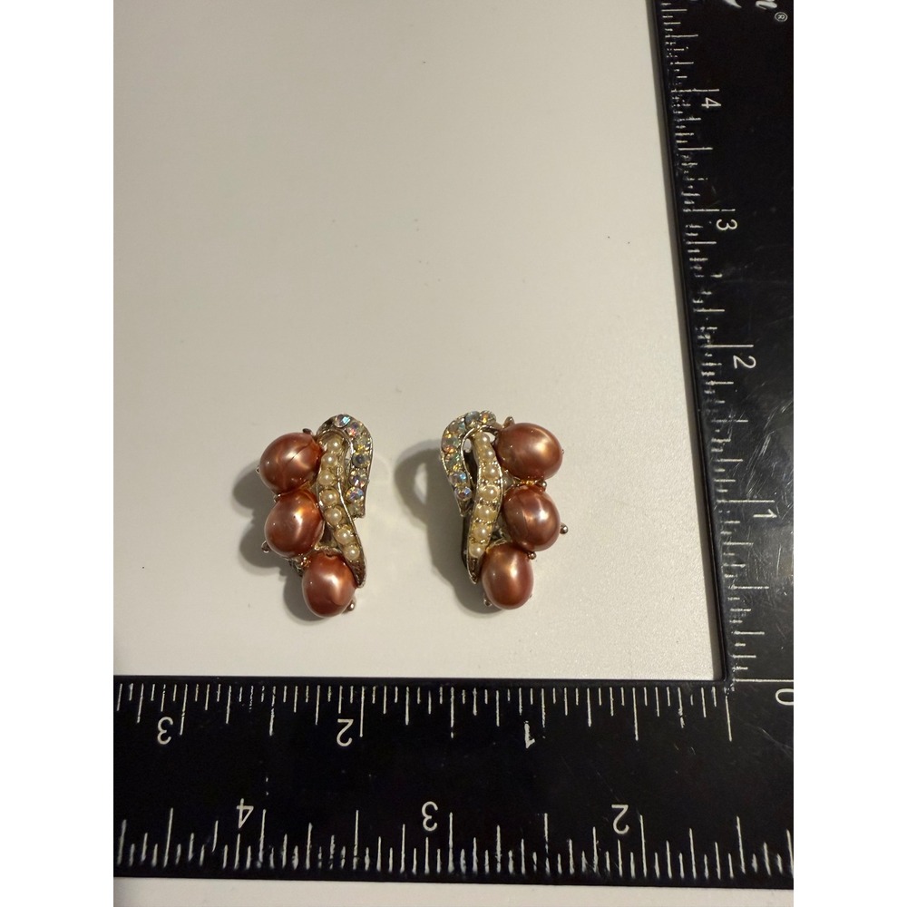 Vintage Copper Faux Pearl AB Rhinestone Clip On Earrings Silver Tone Cluster